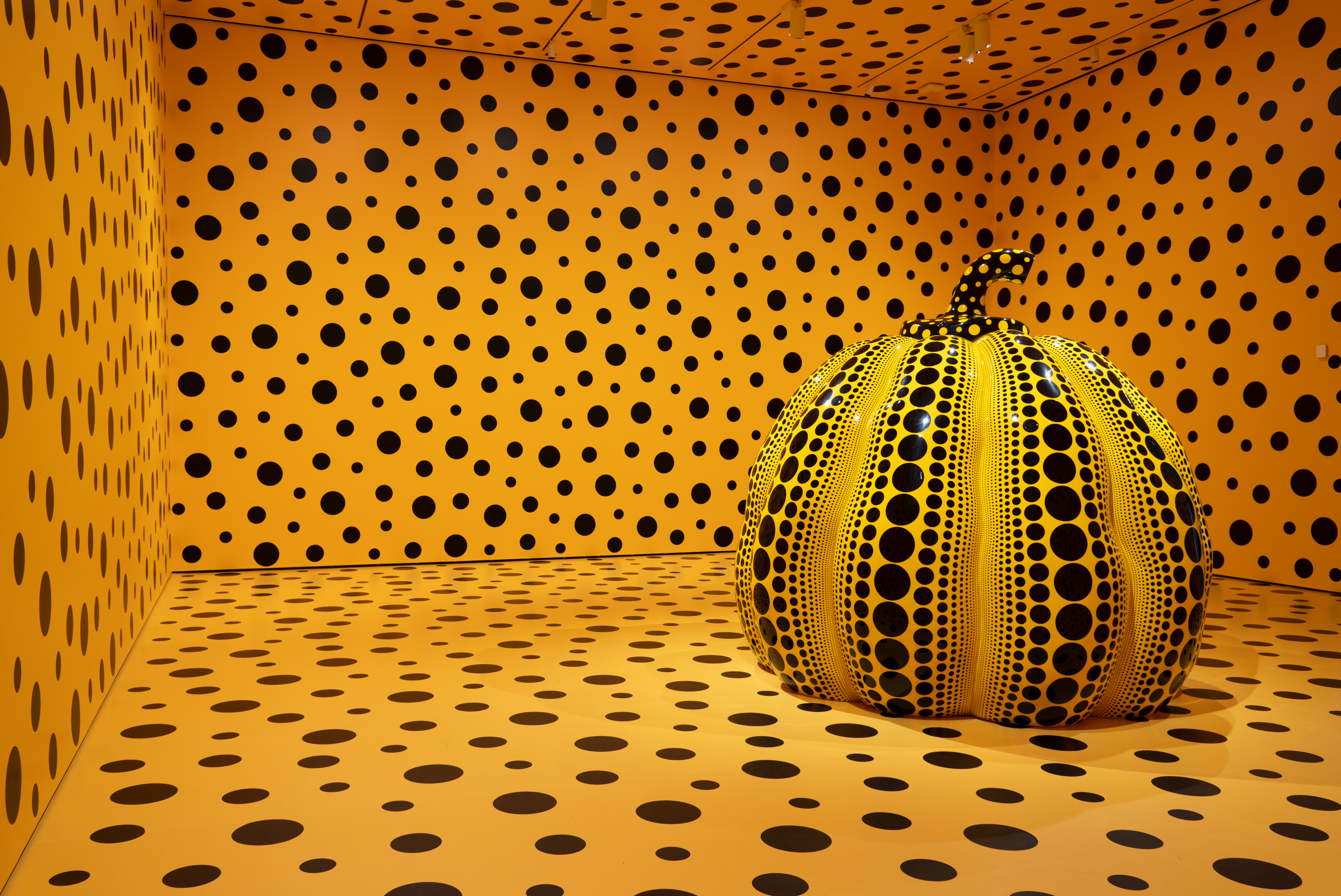 Yayoi Kusama's large orange pumpkin sculpture covered in black polka dots sitting in an orange room with black polka dots