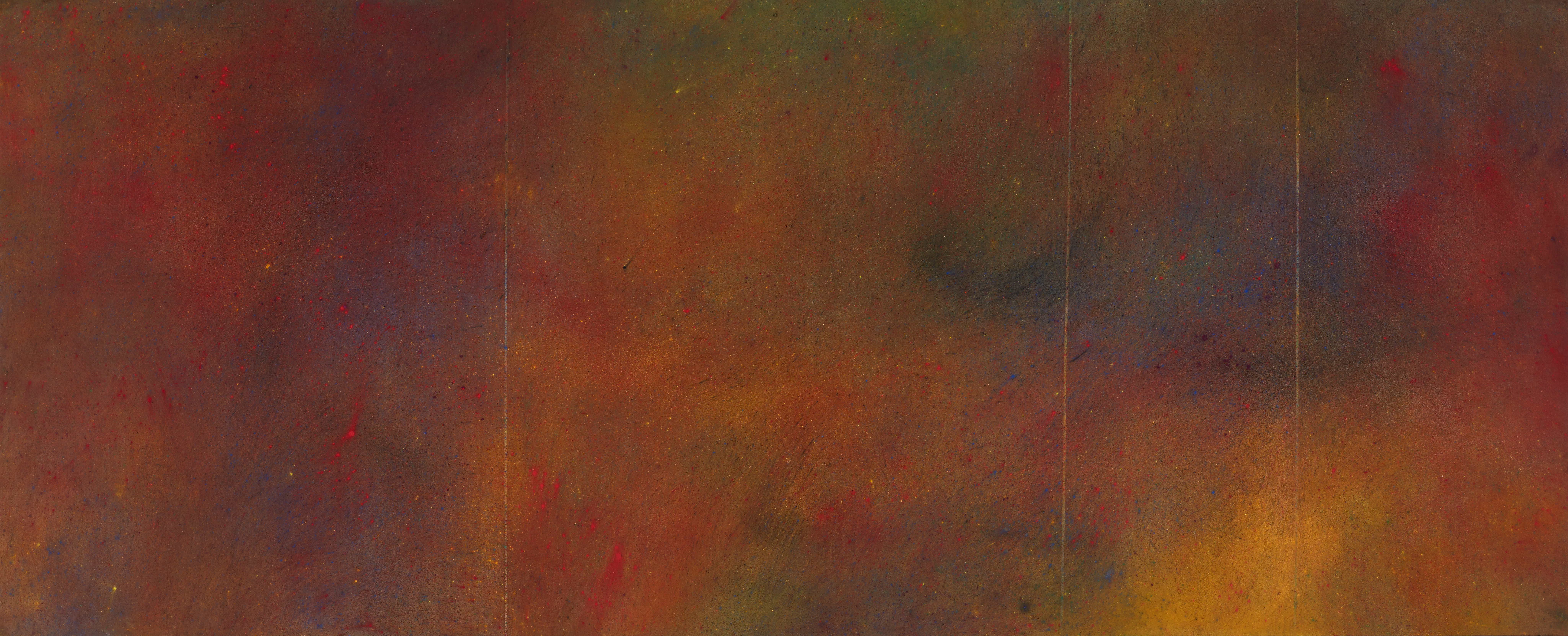 Abstract expressionist painting in shades of red, orange, yellow, green, and navy