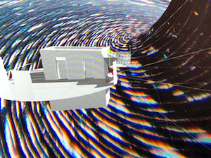 White 3D model of a room in a swirling red, white, and green pattern
