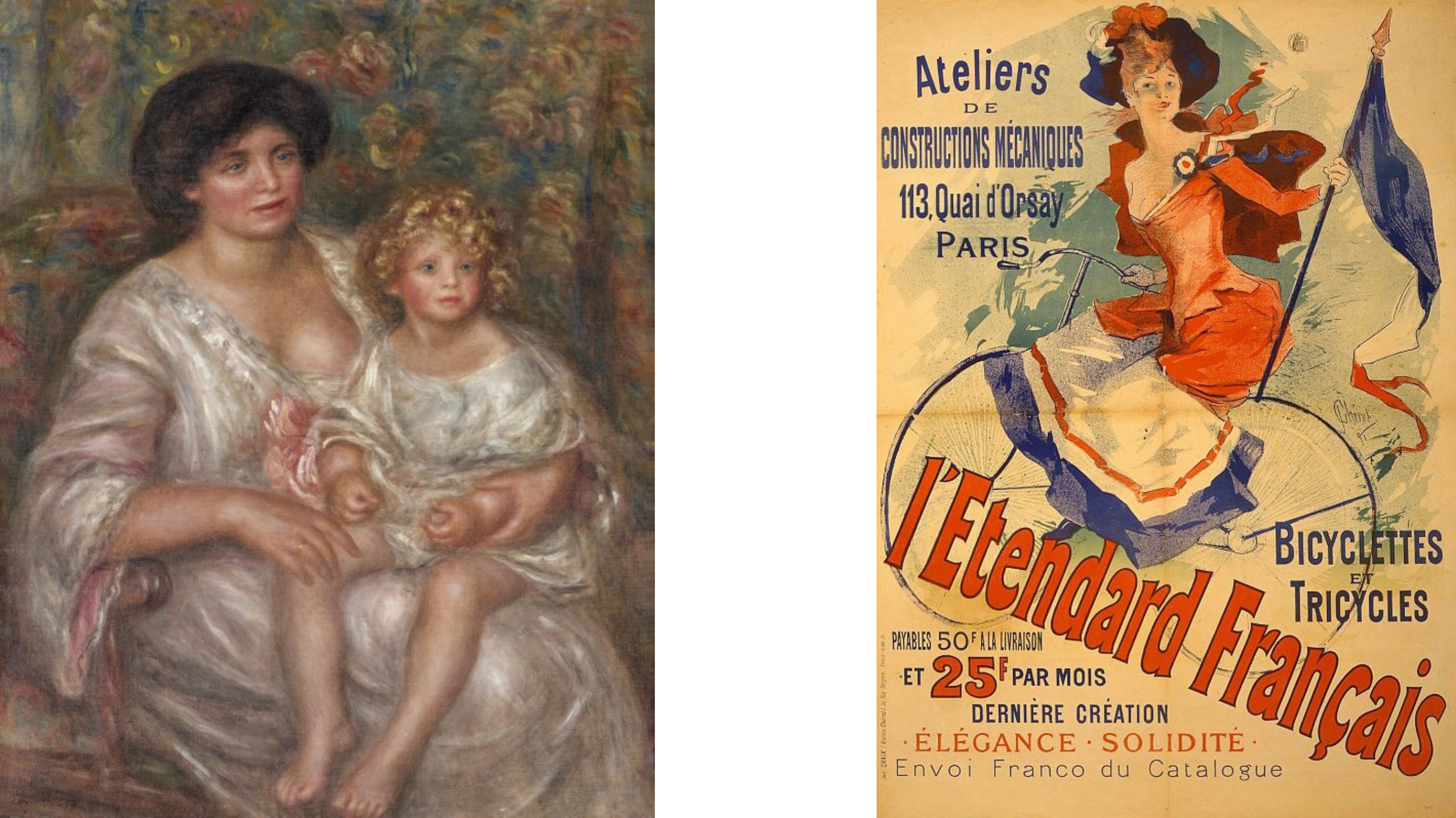 An oil painting of a woman in white, dark hair, and a light skin tone holding a child in white, with blonde curly hair and a light skin tone, with a floral background and an image to the right of a vintage french suffragette poster
