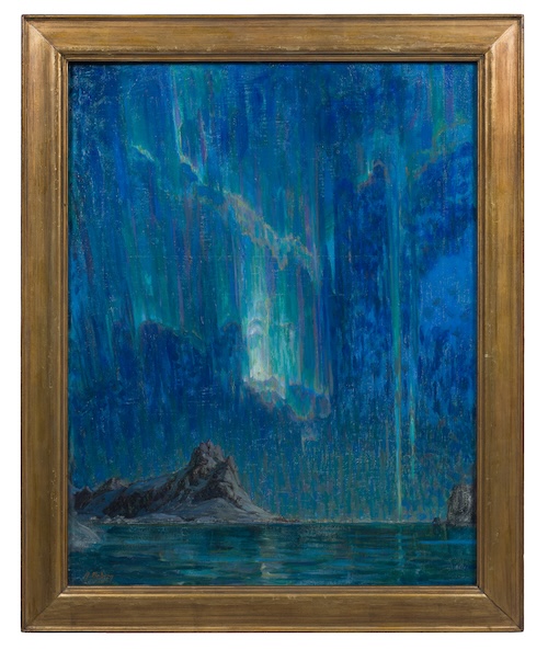 Framed painting of a body of water and the northern lights at night