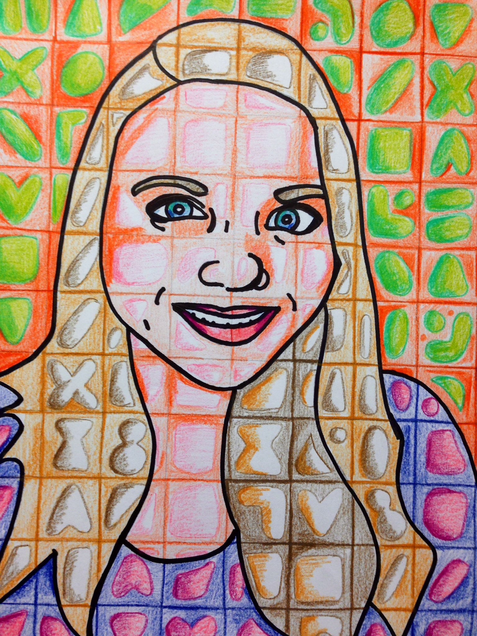 Grid-style portrait of a young woman drawn in colored pencil