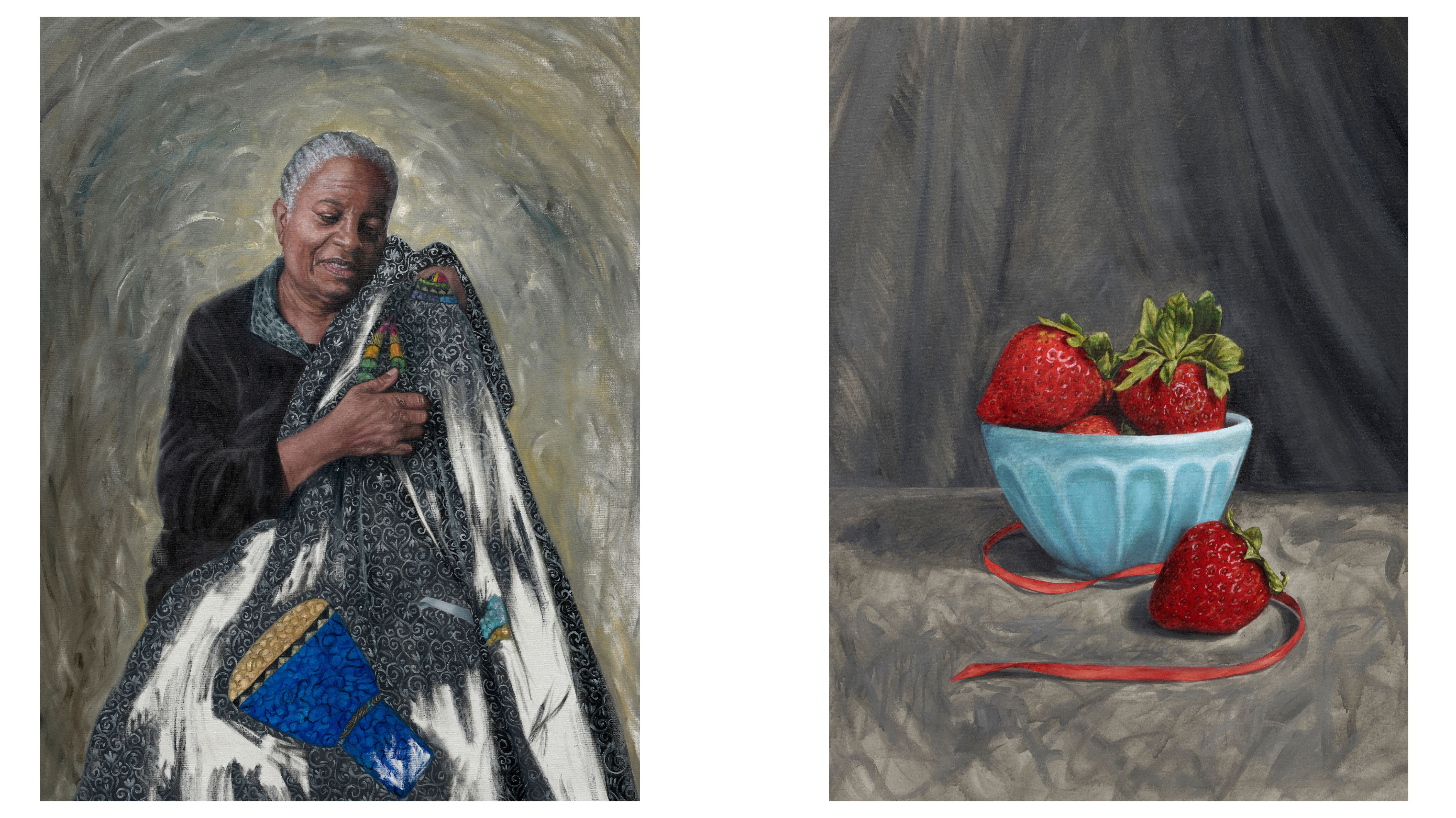 Two oil paintings side by side, the one on the left of a middle aged black woman with grey hair embracing a quilt around her and the one on the right a still life of a blue bowl filled with strawberries and a red bow place next to the bowl