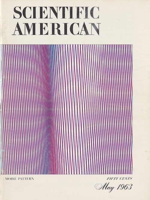 Book cover that reads "Scientific American, MOIRÉ PATTERN, Fifty Cents, May 1963" with an Op artwork featured