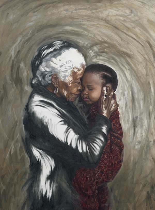 An oil painting of an elderly black woman holding a baby wrapped in a red blanket close in an embrace