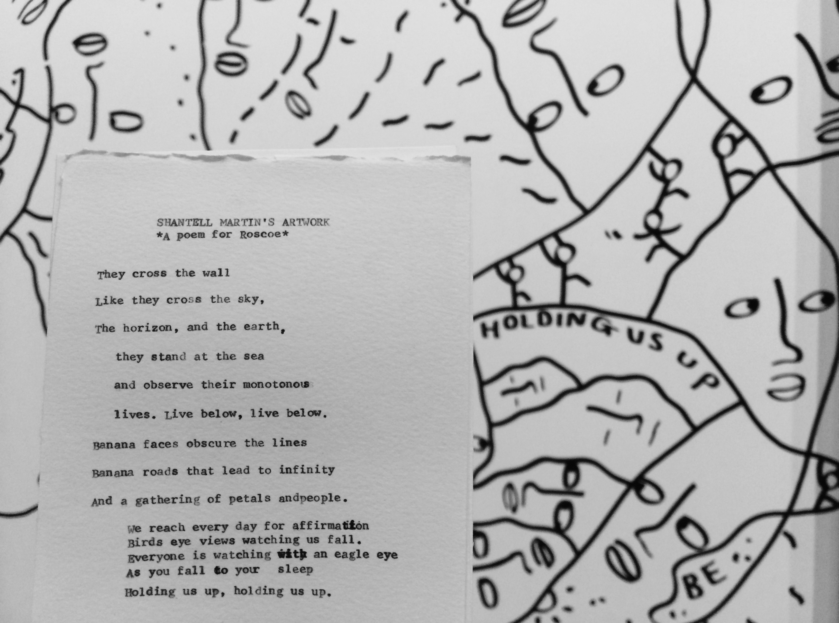 Tyepwritten poem: "A poem for Roscoe" seen over the background of a wall illustrated in black and white cartoon faces