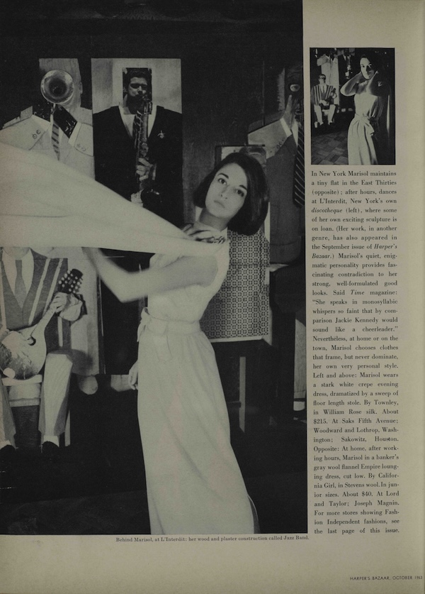 1963 Harper's Bazaar article featuring artist Marisol in front of her sculptures