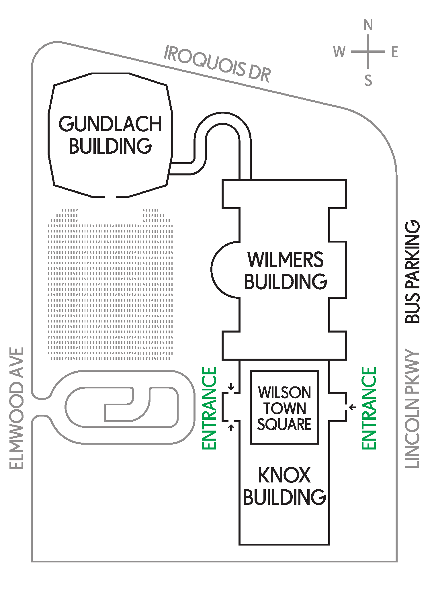 General outlined map of the Buffalo AKG Campus featuring the Gundlach building, Wilmers building, Wilson Town Square, and Knox building