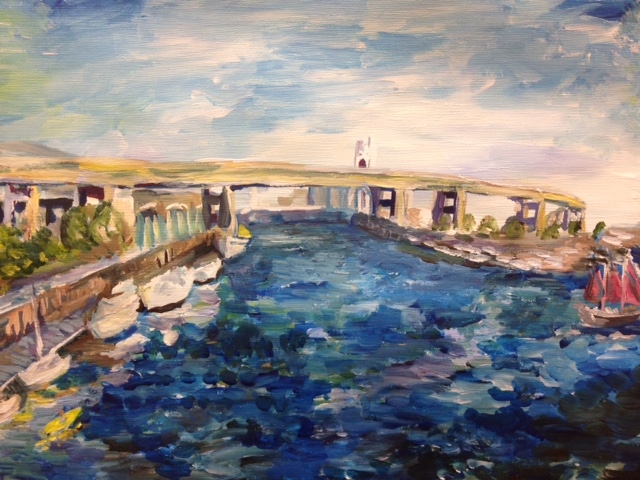 Impressionist style painting of a bridge over a river with a sailboat