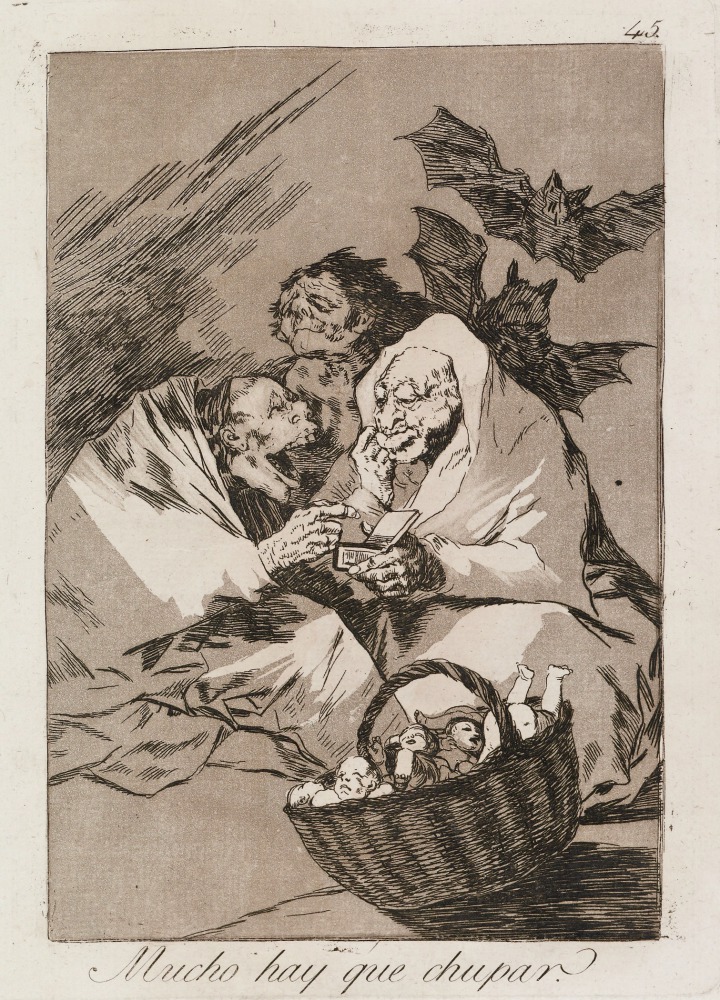 Etching of a nightmarish scene of three creatures and a basket with small children