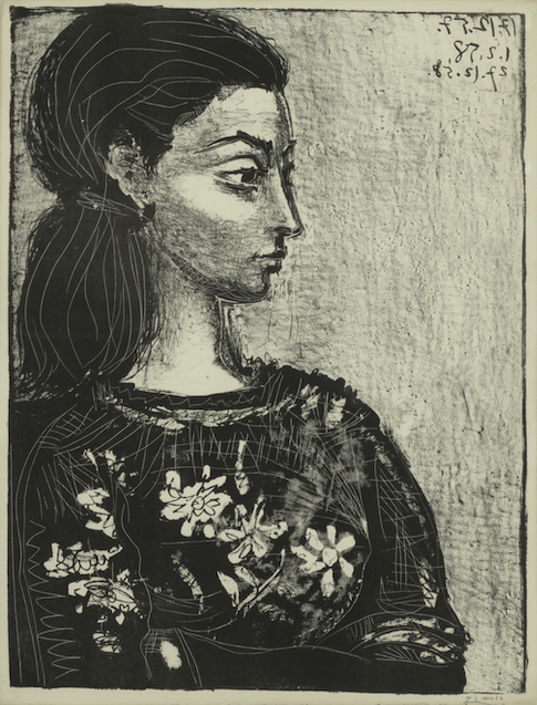 Picasso lithograph of a woman with dark hair wearing a floral shirt