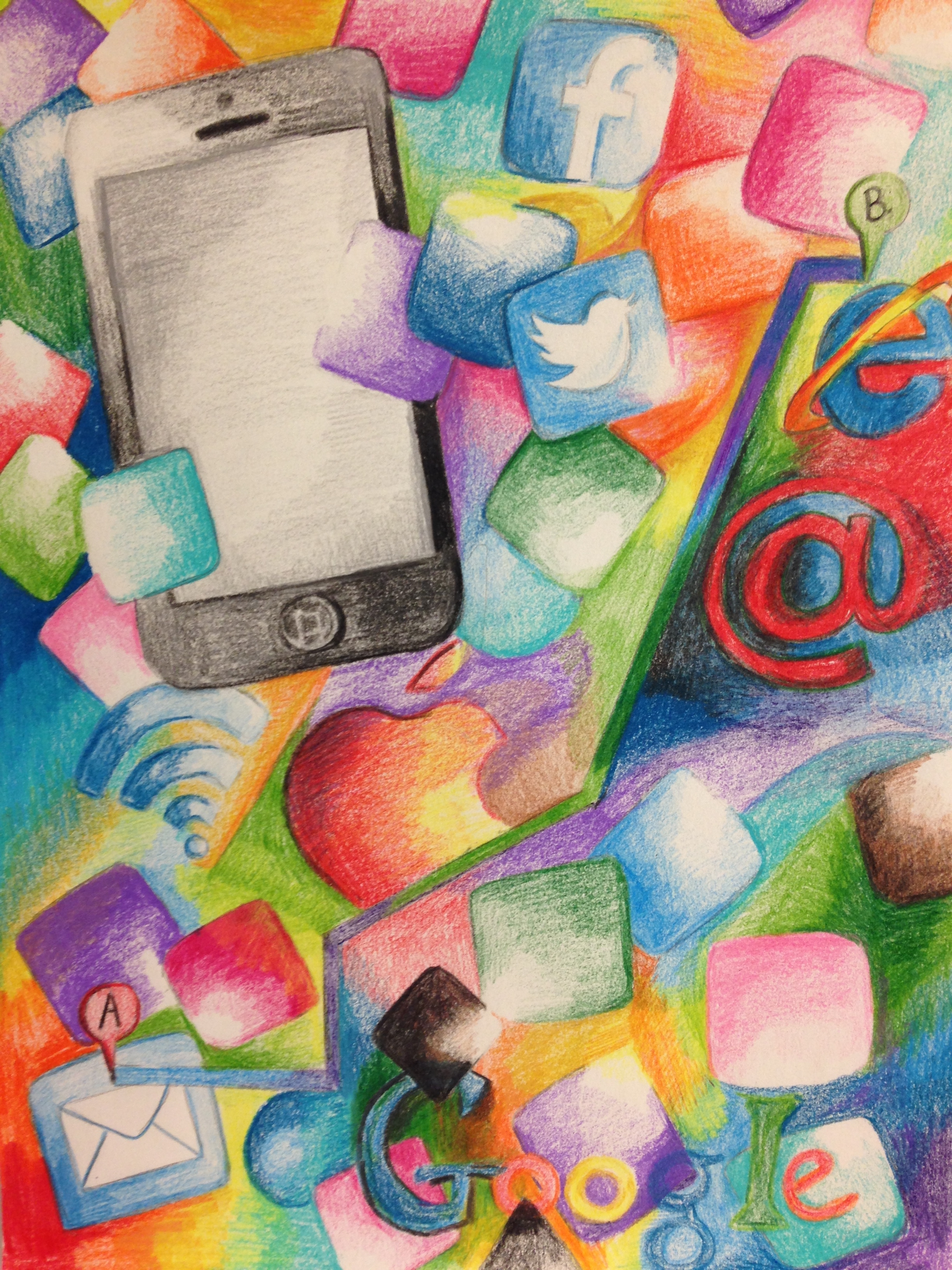 Colorful drawing featuring geometric forms, logos and an image of a cell phone
