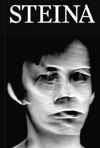 A black and white image of a person's face distorted by motion/graphics, with STEINA in white font