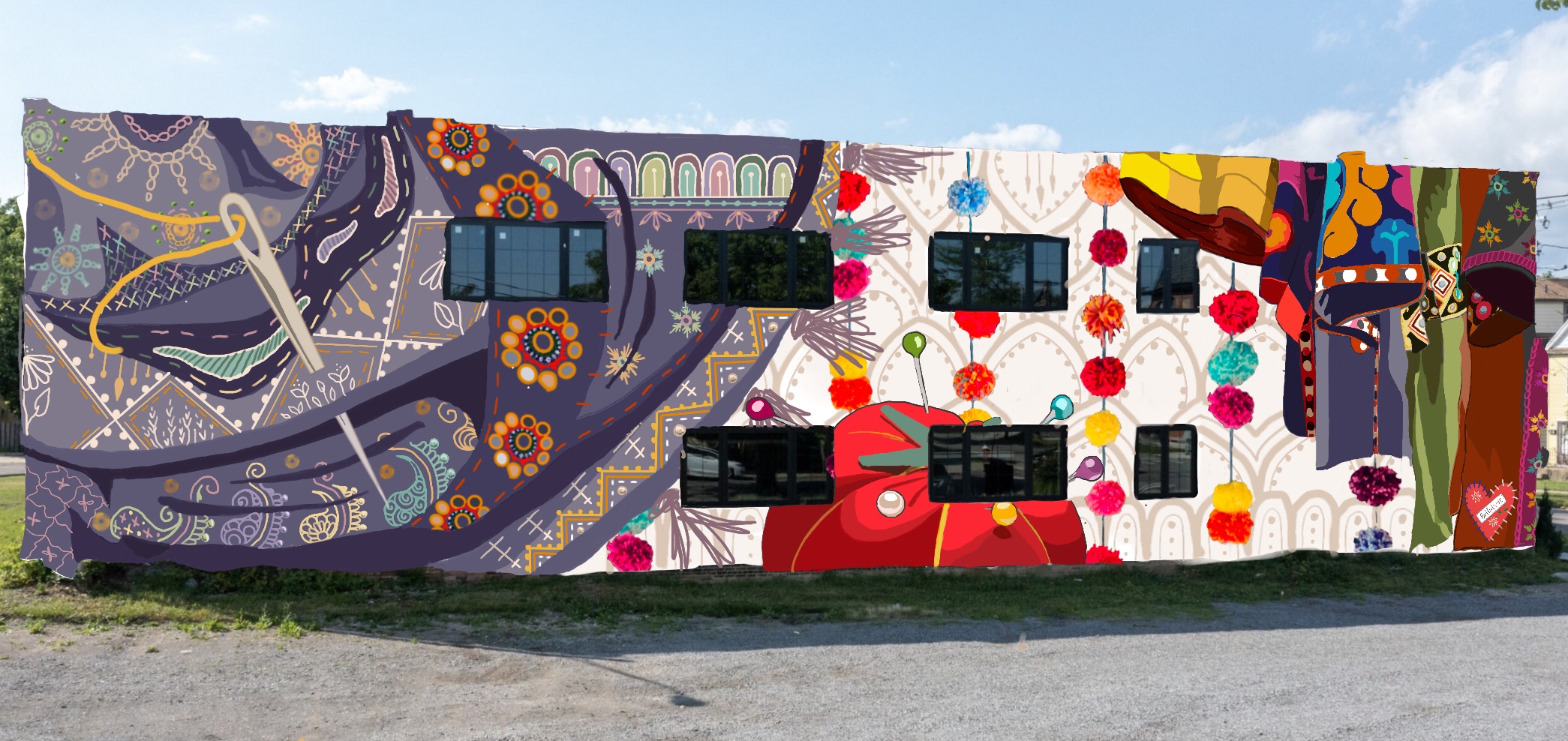 A colorful mural depicting sewing supplies and fabrics