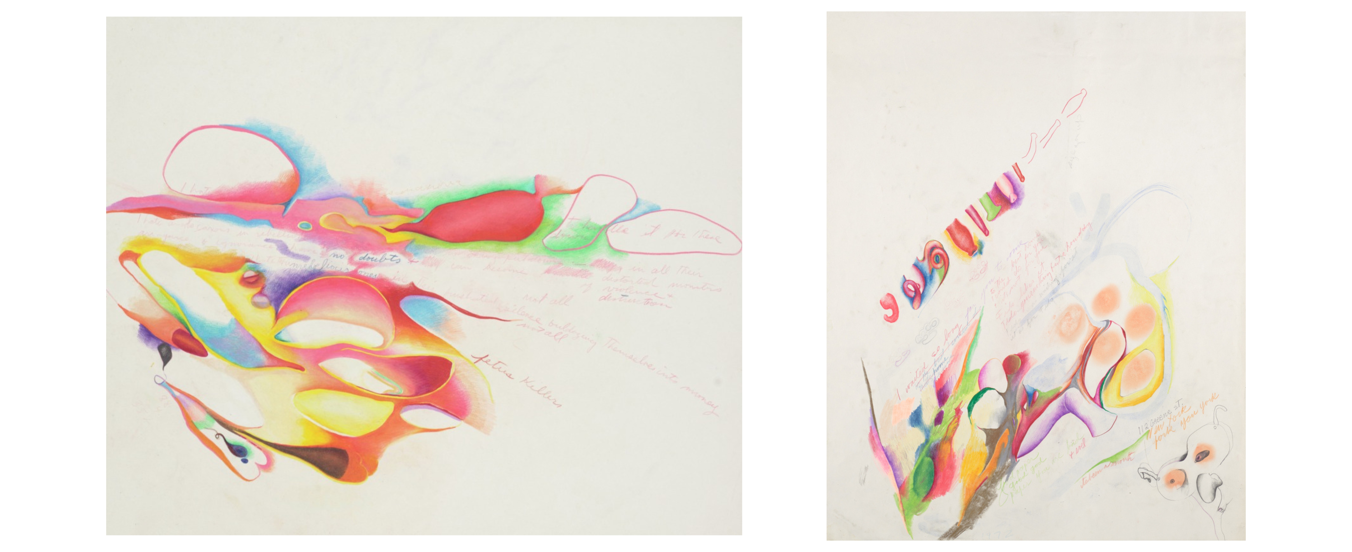 Two colorful sketches by Marisol that depict stylized fallopian tube and phallic imagery