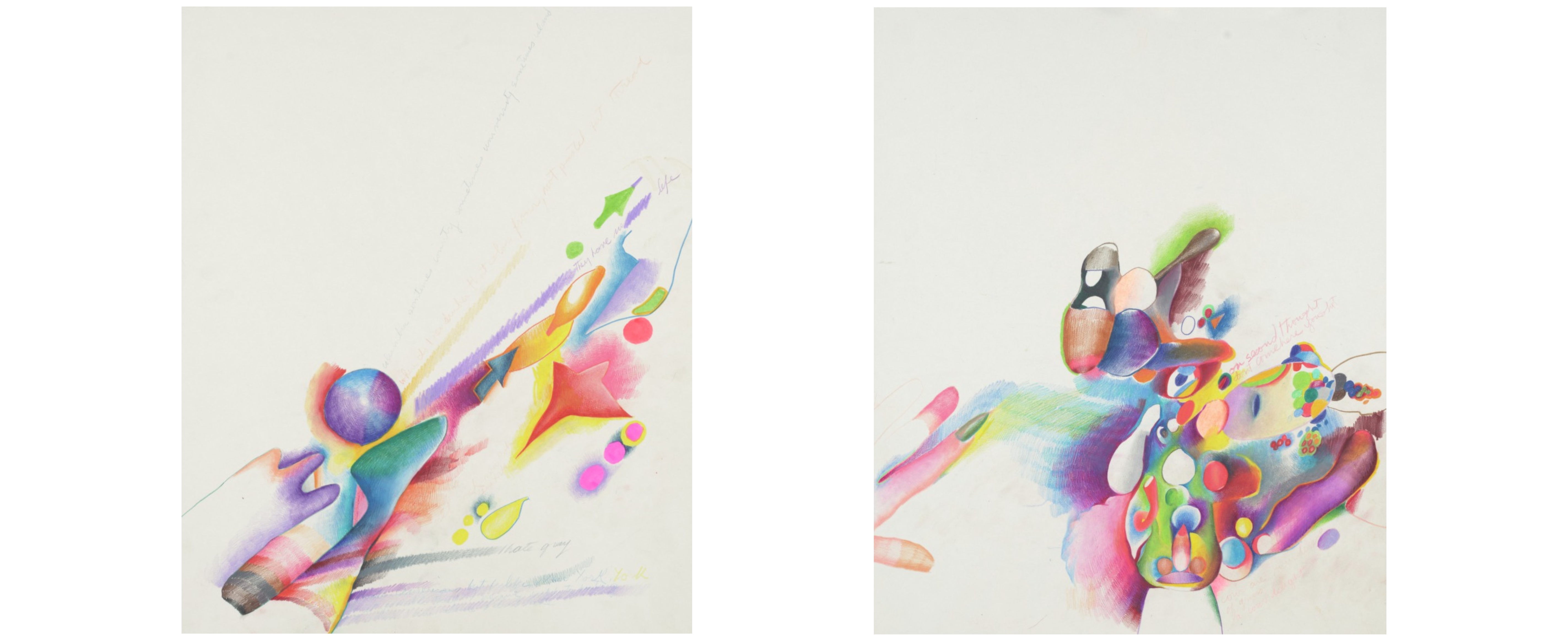 Two colorful sketches by Marisol next to one another with geometric and abstract shapes at the bottom 1/3 of the paper