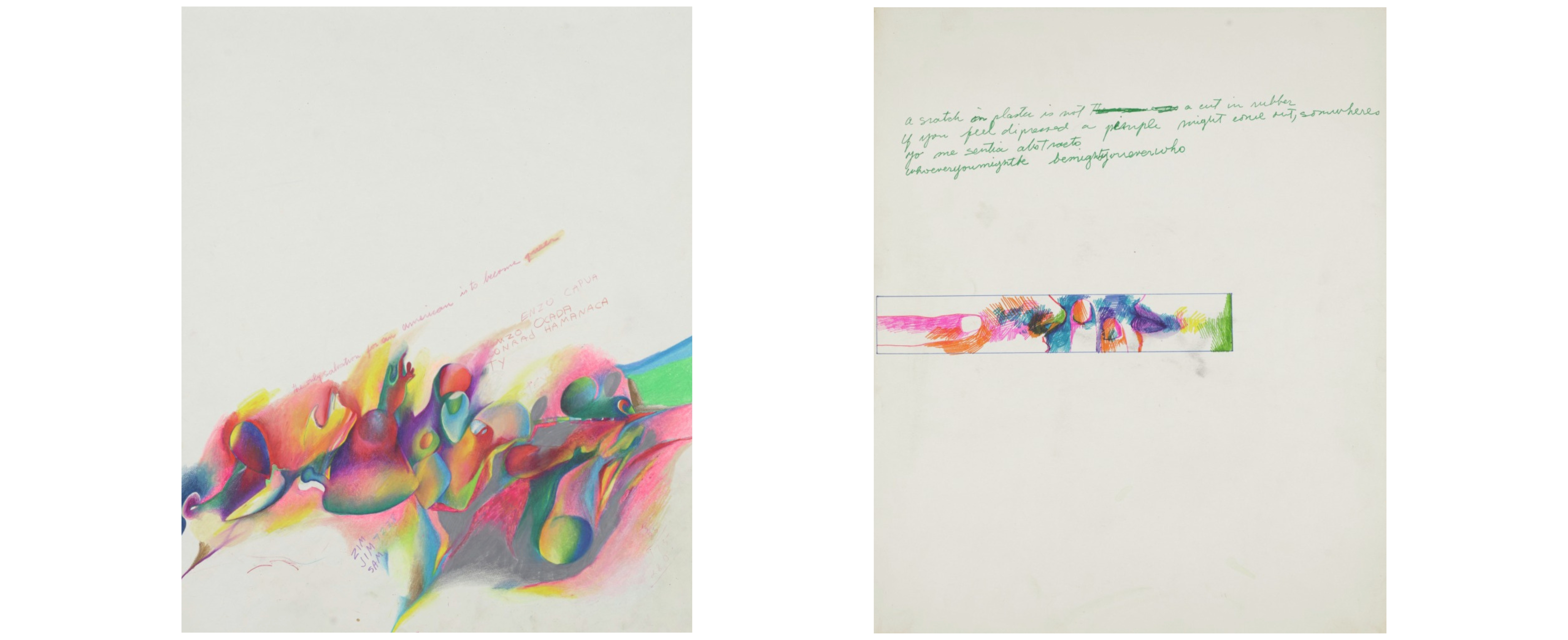 Two colorful sketches by Marisol, the left resembling fire and the right has cursive green text and a small rectangle featuring two profiles/mouths and noses
