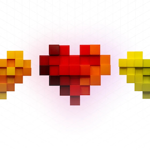 Digital hearts in shades of red, orange, and yellow