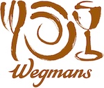 Wegmans brown logo with a painted style picture of a fork, plate and wine glass