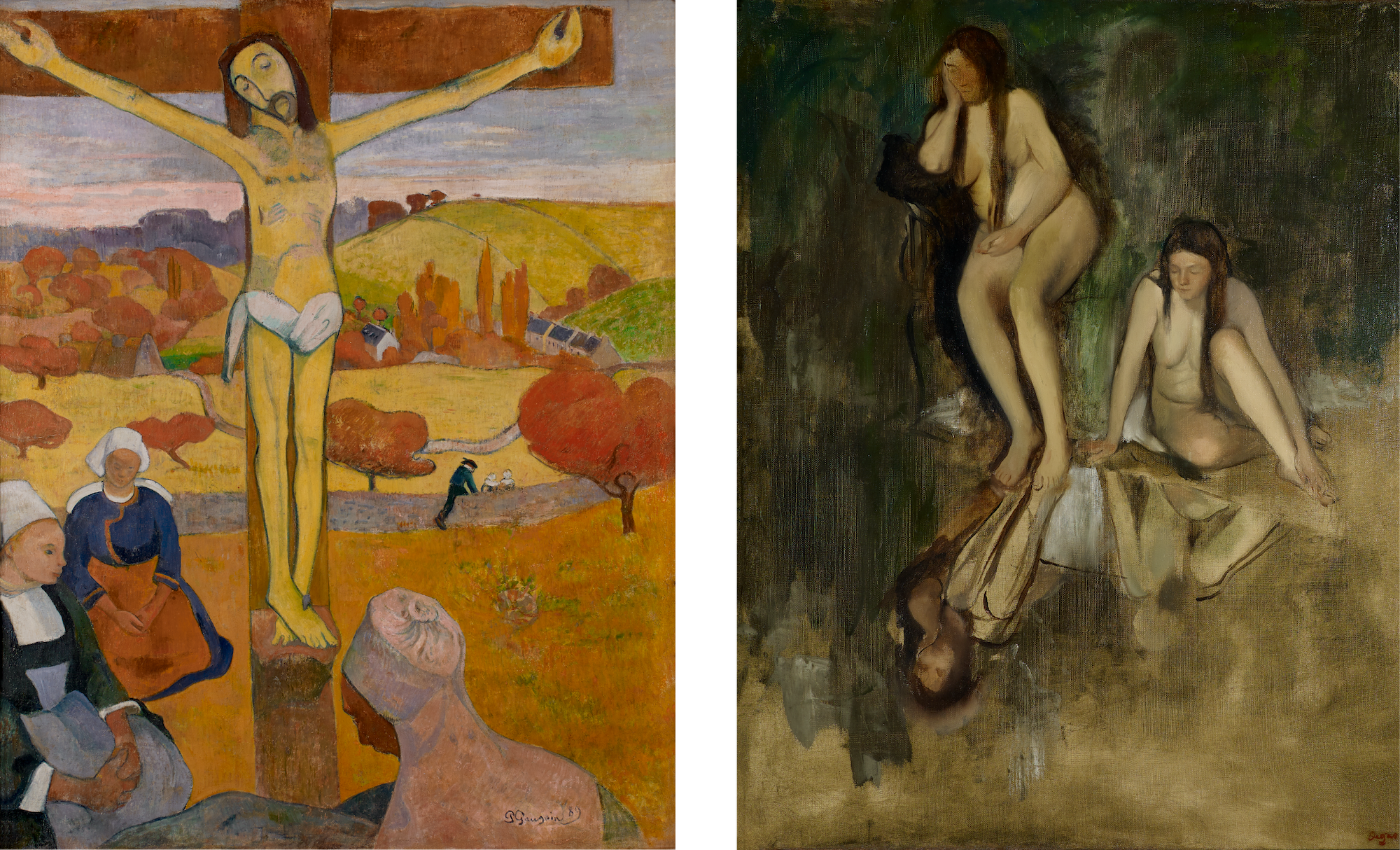 Two paintings: on the left, abstracted in color and form a Christ-figure hanged on a cross in front of a gathering of people, on the right two impressionistic female figures stare into a pool of dark water