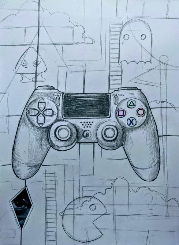 Drawing of a Playstation controller with pacman figures behind it 