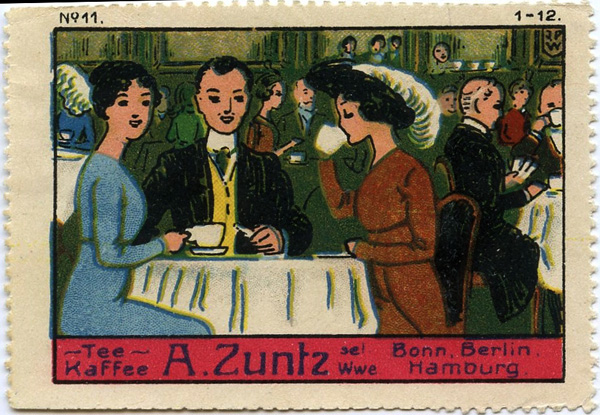 Cartoon advertisement showing a group of people around a table
