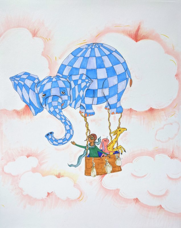 Drawing of a blue and white checkered elephant acting as a hot air balloon connected to a basket filled with a boy wearing old school flight goggles and a bunny and giraffe. They are floating among pink and white skies/clouds. 
