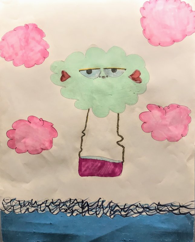 A child's drawing of a green cloud with eyes acting as a hot air balloon with a pink basket floating about water and among pink clouds 