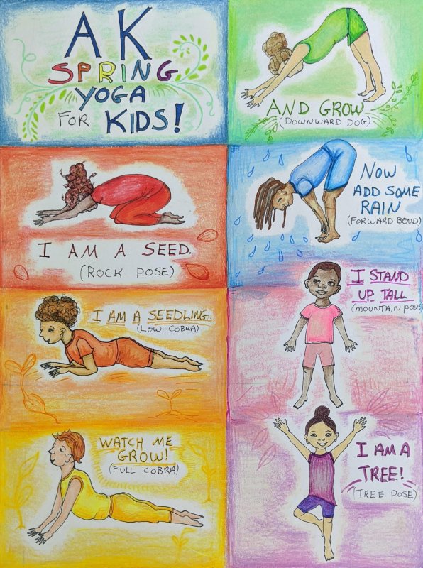 Poster that says "AK Spring Yoga for Kids!" with different drawings of kids doing different yoga poses 