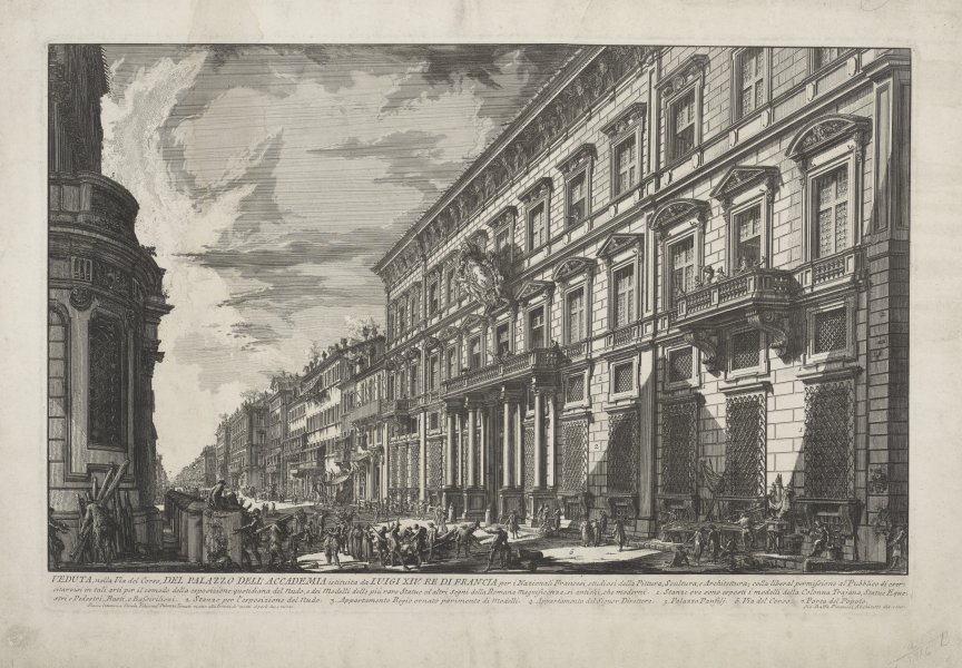 Veduta, nella Via del Corso, del Palazzo dell'Accademia (View of the French Academy [Palazzo Salviati-Mancini] on the Corso, Rome) from the series Vedute di Roma (Views of Rome)