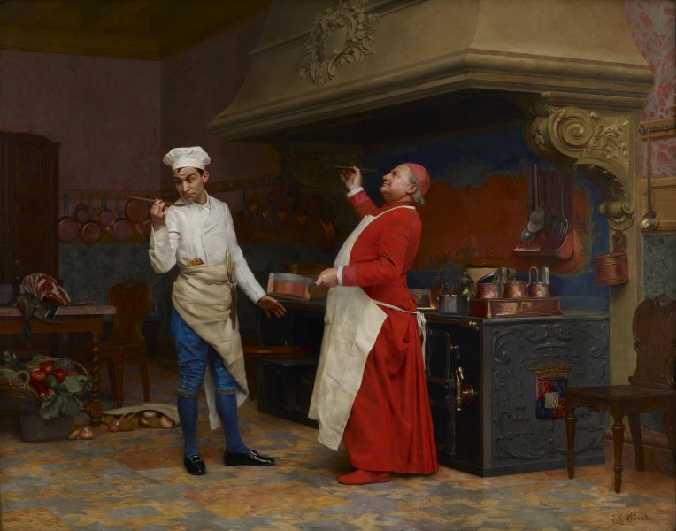 A corpulent older man wearing a long white apron over his scarlet cardinal’s robes stands with a copper sauce pan in his left hand and a spoon held aloft in triumph in his right while, to the left, a younger man in chef’s hat and coat with an apron partially covering his bright blue, knee-length trousers looks at the spoon held in his right hand with skepticism. A large stove with a massive stone hood appears behind the cardinal, and a table laden with produce and meat appears behind the chef.