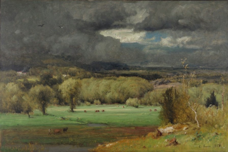 Painting of a landscape with a stormy cloudy sky