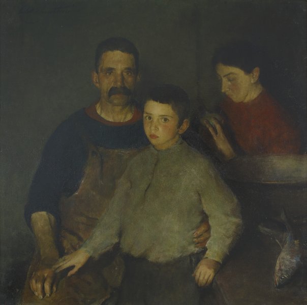 This painting includes a middle-aged Caucasian man, a young Caucasian boy, and a Caucasian woman—presumably a family of father, child and mother. The father and child meet the viewer’s gaze. The father is seated and extends his left hand around the waist of the standing boy, who rests his right hand on his father’s right hand. The boy’s left arm rests on a table, on which sits a large empty metal bowl and a dead silvery fish. Behind the table sits the mother, who is focused on an object in her hands.
