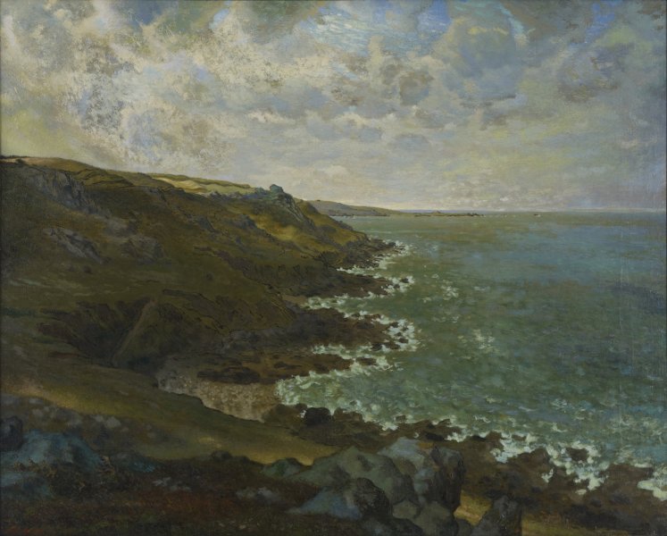 Beneath a looming mass of clouds that fills the top third of this painting, rocky cliffs extend into a calm sea painted in tones of grayish blue and green. A cluster of large gray rocks fills the foreground, and the remainder of the cliffs, dotted with additional clusters of boulders amid pale green grass, extend to fill much of the left half of the canvas. A thin line of white traces where the sea meets irregular, meandering path of the coast.