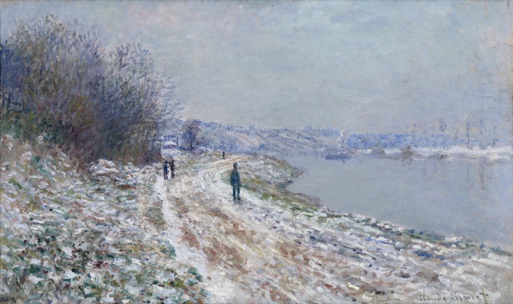 This wintery landscape features a path that follows a still gray river as it curves from the bottom right corner of the canvas and recede into the distance under an overcast sky. On the right side of the painting, smokestacks on a distant are reflected in the water. Four small figures summarily rendered in dark tones walk on the path, with one appearing to move toward the viewer. To the left is a patch of trees and grass that peeks out beneath melting snow.
