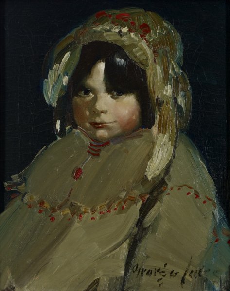 This painting features a young, Caucasian child, shown from the waist up, against a solid dark brown background. The brushwork overall is quite loose. The child’s cheeks are bright right, and she meets the viewer’s gaze. She wears a somewhat oversized, olive green coat with a bright red fringe at slightly below shoulder height. A hat of the same green color with additional bright red decorative elements covers her head.