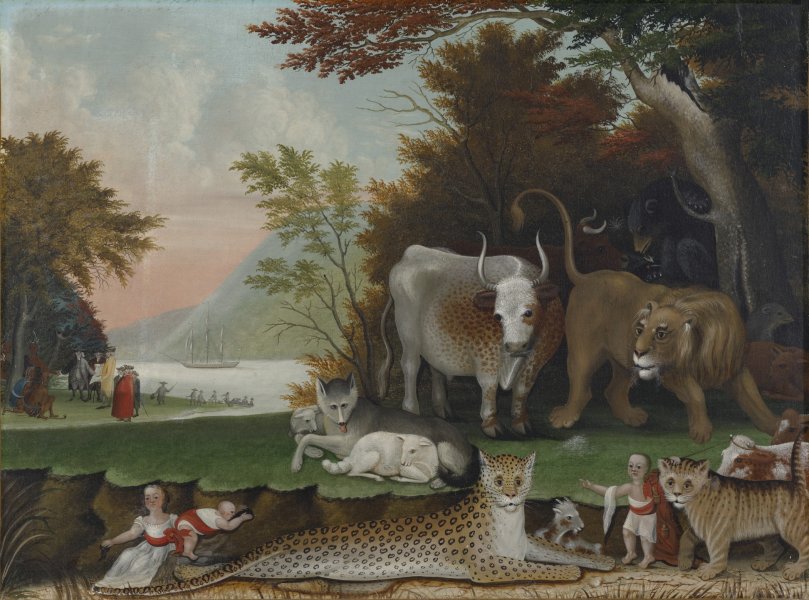 A number of animals congregate in the bottom right foreground of this horizontally oriented painting. A bull stands next to a lion beneath a mass of trees that extend from the right edge of the image, and at their feet rests a wolf accompanied by two lambs. Small children interact with additional beasts at the lower edge of the painting. At the left side of the painting, the trees give way to a view of a body of water and verdant hills beneath a pink-tinged sky.