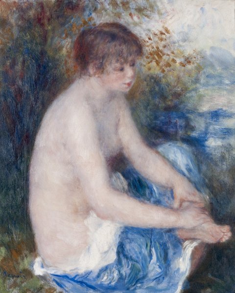 A young white-skinned woman, nude to the waist, sits on the grassy bank of a body of water in the center of this vertically oriented painting. A blue cloth or portion of a garment with white edges loosely covers her lap. She grasps her left ankle, which rests on her right knee, with both hands, and she gazes toward the bottom left of the canvas. The paint was applied quickly and loosely with visible brushstrokes.