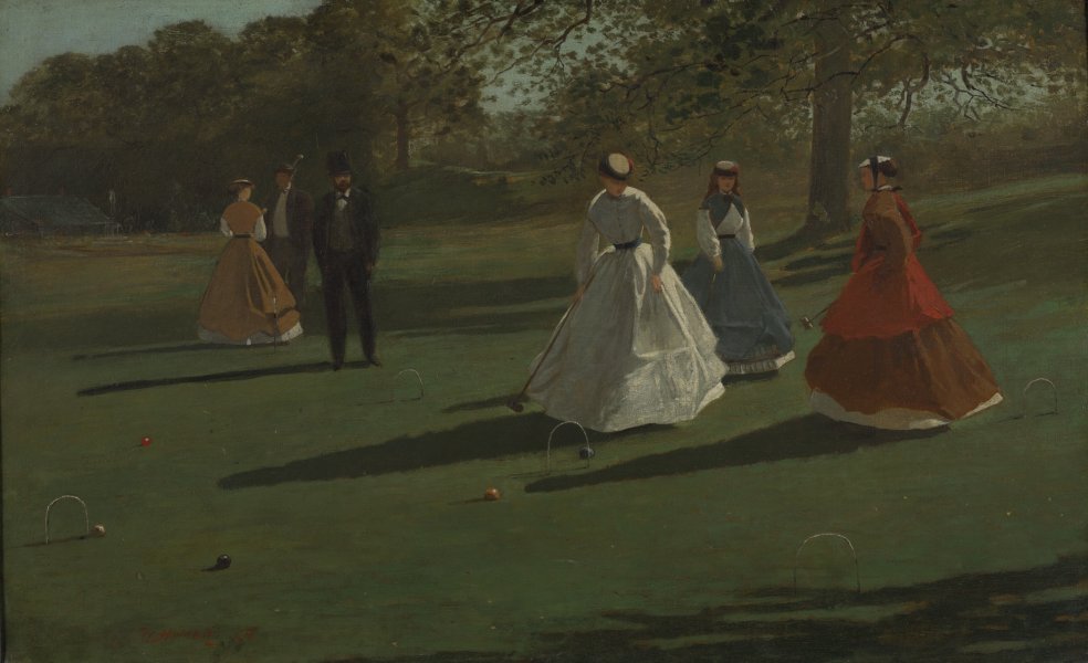 Several figures are gathered on a lush green field flanked by tall trees. Toward the left edge of the painting, a woman in a brown dress and a man in a brown suit face each other, as if in conversation. Another man in a black suit and top hat watches three women in white, blue, and red Victorian-style dresses playing croquet in the foreground. The woman in white appears poised to hit a blue ball through a wicket with her mallet.