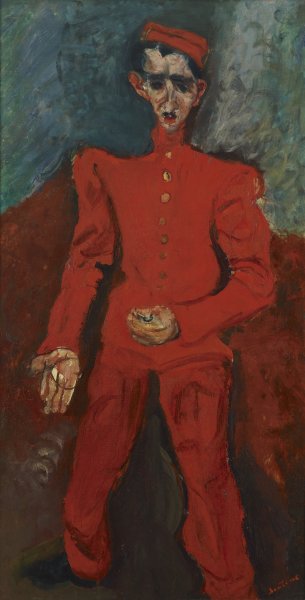 In this tall, narrow portrait, painted with loose, energetic brush strokes, a young man wearing a deep red uniform with matching cap stands in front of a dark burgundy, gray, green, and blue background. A row of gold buttons extends down the front of the boy’s jacket. His right hand is by his side, palm facing out, and his left hand is clenched in front of his waist. The figure’s dark eyes, hair, and moustache stand out again his pale skin.