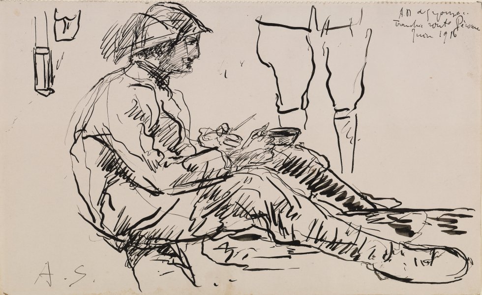 Seated Soldier Eating from the series Nine Drawings Made at the Front, World War I