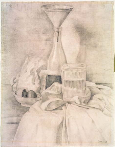 This drawing of a still life depicts in pencil depicts a collection of everyday objects on a table top. At the foreground is a rumbled piece of cloth on which sits a mostly full glass of water and an overturned spoon. Behind and to the left are a bowl with two lemon halves, a paper bag, and a bottle filled with a dark liquid and topped by a funnel. The outer edges of the paper are a faded yellow; the artist’s signature appears in the lower righthand corner.