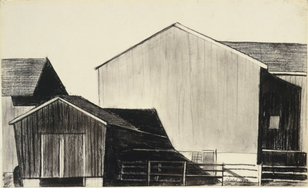 A cropped view of a group of buildings clustered together against a blank white background fills this black and white, horizontally oriented drawing. In the lower left corner, a low, dark-colored building connects to a fence running across the bottom of the image. The fence extends to the right-hand side where the artist has placed his signature. In the midground is the partial view of three larger buildings in various shades of light grey.