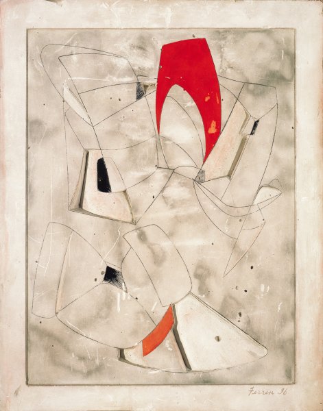 Abstract shapes resembling the outline of two buildings or sculptural forms fill this vertically oriented, shallow relief sculpture. Various rectangles curve around a central oval, which is surrounded by a solid red rectangle in the upper portion of the work. More curved rectangles with white, black, and orange sections, hover above a leaning triangular base in the lower portion of the work.