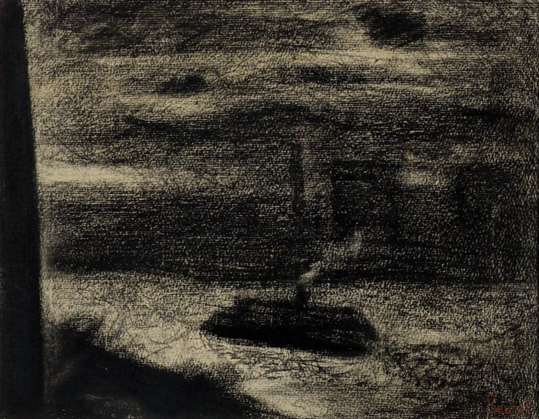 The rough contours of a steamboat are silhouetted against a stretch of river that spans this horizontally oriented drawing. Segments of land are visible in the bottom-left corner and in the background. What appear to be smokestacks from factory arise from the landscape on the far shore. The artist emphasized the rough texture of the paper in largely covering it with black crayon.