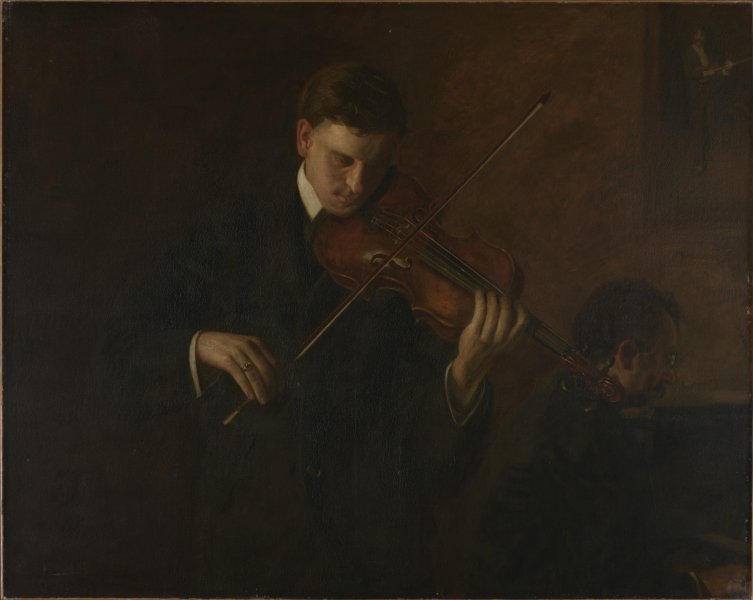 A young man dressed in a dark-colored suit plays the violin at the center of this painting. His seems focused on his performance, and gazes down past his instrument toward the floor. The portion of the room behind and to the left of the man is completely dark. In the dimly lit portion of the room behind and to the right of the man, the profile of a seated piano accompanist is visible. Above the piano hangs a partially visible painting of a musician holding a violin at his waist like a guitar.