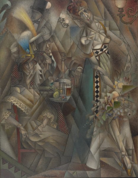Abstract geometric shapes largely in dappled shades of gray and brown coalesce to form patrons seated around a café table at left and the dancer who appears to be moving toward the right edge of the canvas. The dancer and the seated patron closest to the foreground are the most clearly defined. The dancer wears a long dress with a striking cerulean skirt and carries a bouquet of flowers in her right hand; the patron’s dress is trimmed with delicate passages of lace at the sleeves and around the bust.