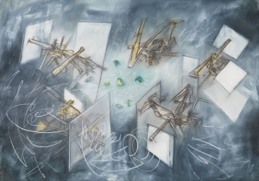 The background of this largely abstract painting is dark gray with a collection of brushy white elements that dissipate outward from the center. Around this center float several white rectangular forms shown from various angles. Interspersed among the rectangular forms are five abstract, robot-like masses made up of yellow appendages. In the bottom third of the canvas, overlaying this composition, are additional white graffiti-like scribbles.