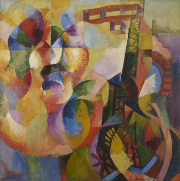 Softly delineated shapes in a rainbow of vivid colors cover the surface of this painting. Near the top right corner, a series of boxes reminiscent of the contours of an early biplane float above a tower of intersecting green lines that extends to the bottom of the canvas. At left, hazy segments of blue, green, red, yellow, and orange intersect with and blend into one another.