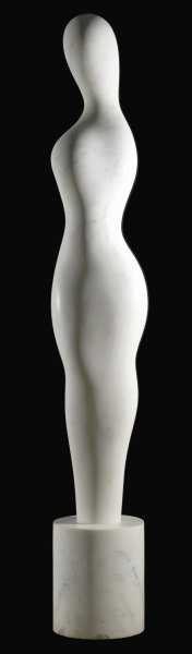 The gently curving contours of this white marble sculpture suggest a head, shoulders, and hips. The slim vertical form stands on top of and is contiguous with a cylindrical base.